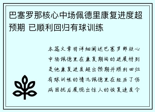 巴塞罗那核心中场佩德里康复进度超预期 已顺利回归有球训练